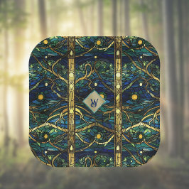 Marine Blauwgroen en Goud Moonlight Bos met Monogr Papieren Bordje