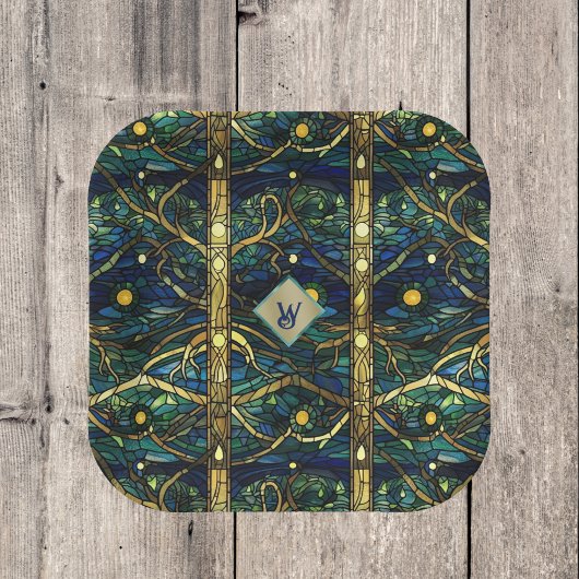 Marine Blauwgroen en Goud Moonlight Bos met Monogr Papieren Bordje