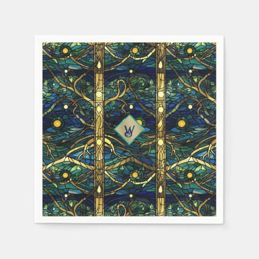 Marine Blauwgroen en Goud Moonlight Bos met Monogr Servet (Voorkant)