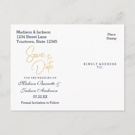 Marine Blauwgroen Waterverf & Gouden Bruiloft Save Aankondigingskaart (Achterkant)