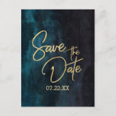 Marine Blauwgroen Waterverf & Gouden Bruiloft Save Aankondigingskaart (Voorkant)