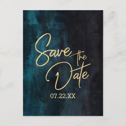 Marine Blauwgroen Waterverf & Gouden Bruiloft Save Aankondigingskaart (Voorkant)