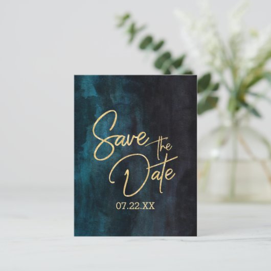 Marine Blauwgroen Waterverf & Gouden Bruiloft Save Aankondigingskaart (Staand voorkant)