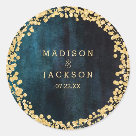 Marine Blauwgroen Waterverf & Gouden Monogram Brui Ronde Sticker (Voorkant)