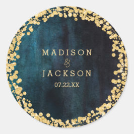 Marine Blauwgroen Waterverf & Gouden Monogram Brui Ronde Sticker