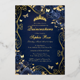 Marine Bloem Goud Draaikolk Vlinder Quinceanera Folie Uitnodiging