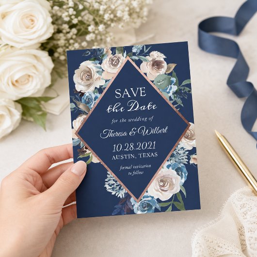 Marine Bloem Roze Gouden Trouw Save The Date
