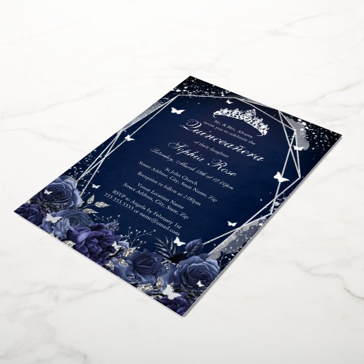 Marine Bloem Tiara Zilver Quinceanera  Folie Uitnodiging (Gedraaid)