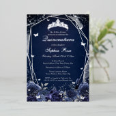 Marine Bloem Tiara Zilver Quinceanera  Folie Uitnodiging (Staand Voorkant)