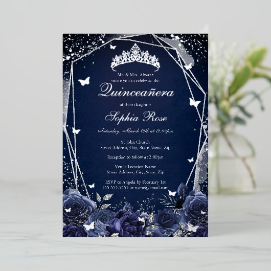 Marine Bloem Tiara Zilver Quinceanera  Folie Uitnodiging (Staand Voorkant)