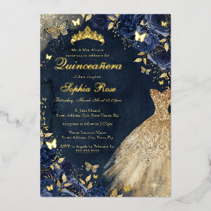Marine Bloem Vlinder Gouden Jurk Quinceanera Folie Uitnodiging