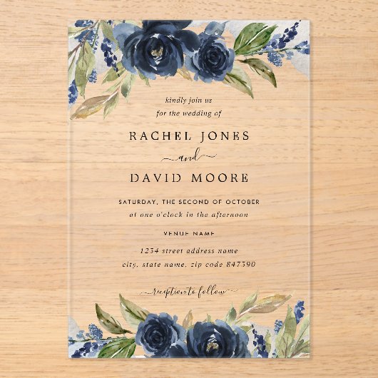 Marine Bloemblad Clear Acryl Huwelijksuitnodiging Acryl Uitnodigingen (Voorkant)