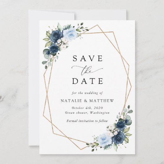 Marine Bloemen, Blauwe Bloemen, Boho, Bloemen brui Save The Date (Voorkant)