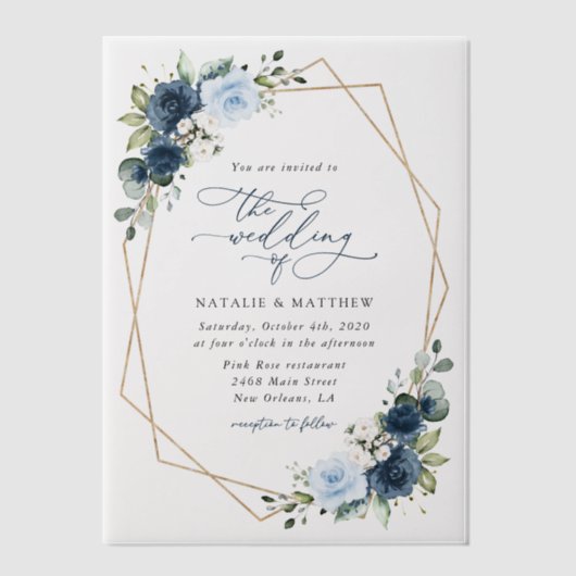 Marine Bloemen, Blauwe Bloemen, Boho, Bloemen brui Vellum Uitnodigingen (Voorkant)