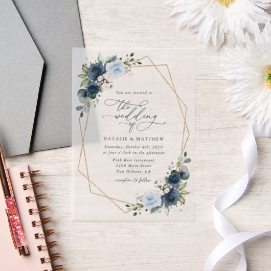 Marine Bloemen, Blauwe Bloemen, Boho, Bloemen brui Vellum Uitnodigingen (Huwelijk)