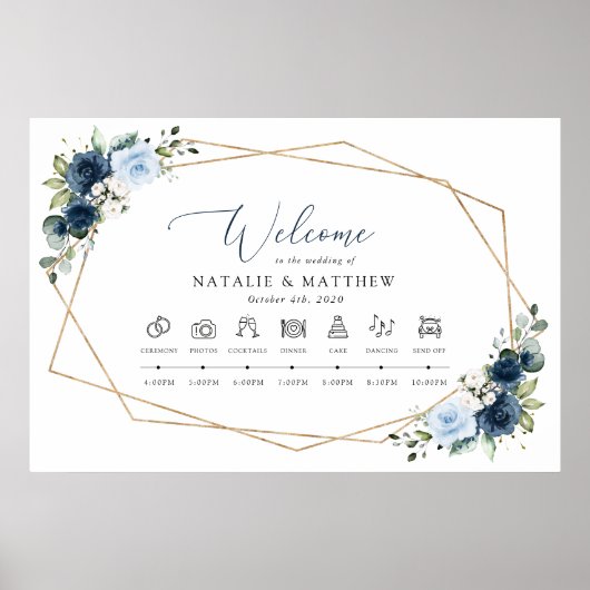 Marine Bloemen, Blauwe Bloemen, Boho, Trouwtijdlij Poster (Voorkant)