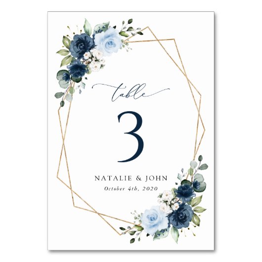 Marine bloemen, blauwe bloemen, bruiloft tafel num kaart (Voorkant)