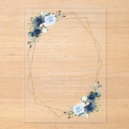 Marine Bloemen, Blauwe Bloemen, Groen, Zoet 16 Acryl Uitnodigingen (Voorkant)