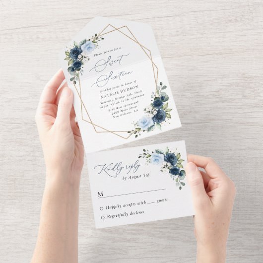 Marine Bloemen, Blauwe Bloemen, Groen, Zoet 16 All In One Uitnodiging (Afscheurbaar)