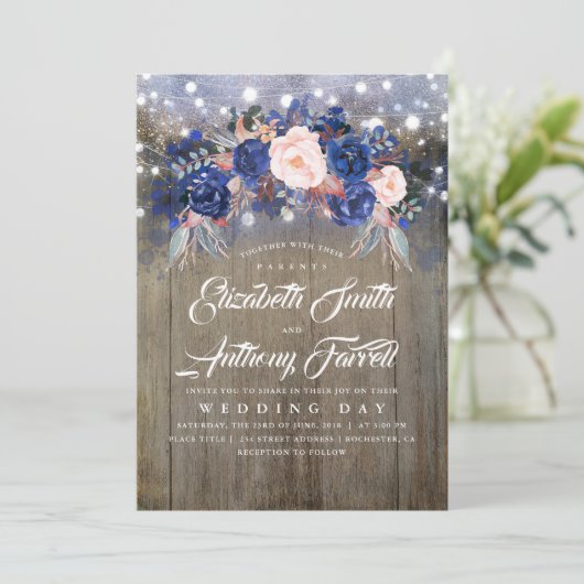 Marine Bloemen Rustieke String Lights Bruiloft Kaart (Staand voorkant)