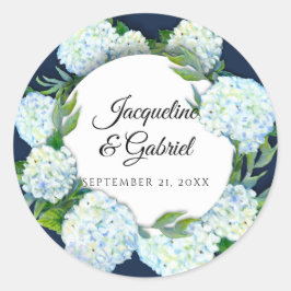 Marine Bloemen Witte Hydrangea Foliage Damast Brui Ronde Sticker