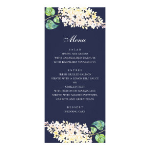 Marine bloemige trouwdiner. Menu met witte bloemen