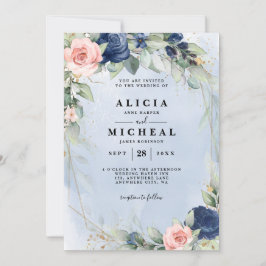 Marine & blos roze bloemen bruiloft Uitnodiging