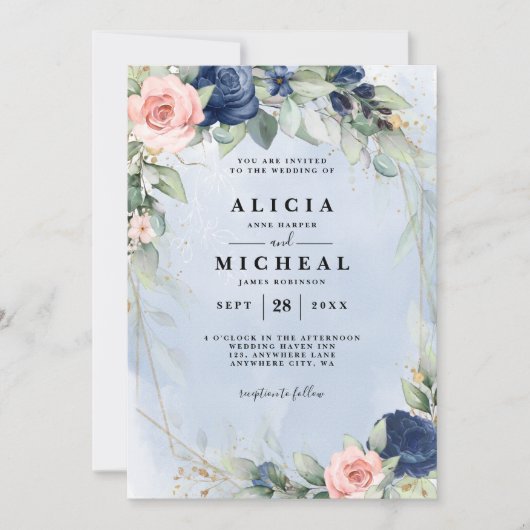 Marine & blos roze bloemen bruiloft Uitnodiging (Voorkant)