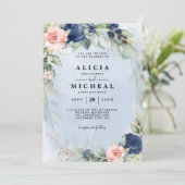Marine & blos roze bloemen bruiloft Uitnodiging (Staand voorkant)