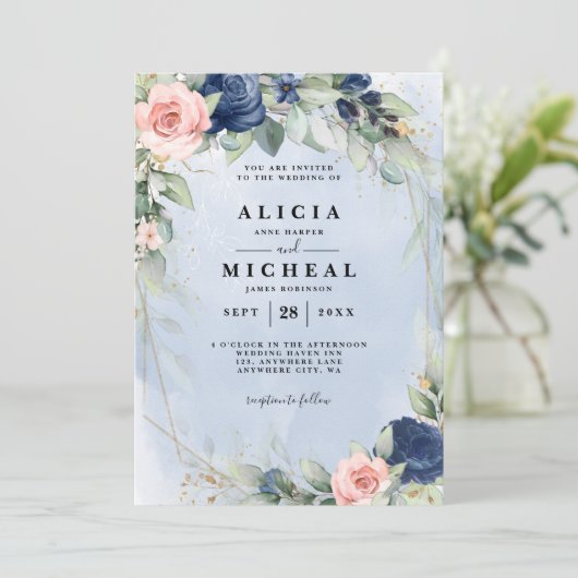 Marine & blos roze bloemen bruiloft Uitnodiging (Staand voorkant)