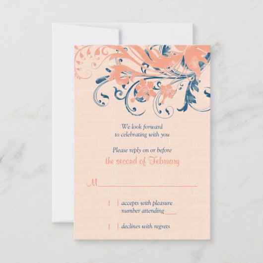 Marine Blue Coral Floral Wedding Reply Kaart (Voorkant)