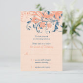 Marine Blue Coral Floral Wedding Reply Kaart (Staand voorkant)