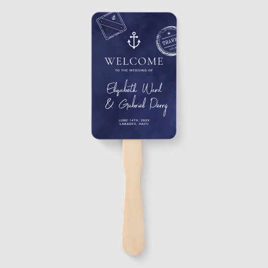 Marine Blue Cruise bestemming bruiloft programma Handwaaier (Achterkant)
