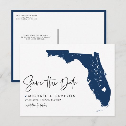 Marine Blue Florida State Map QR Code Bewaar de da Aankondigingskaart (Voorkant / Achterkant)