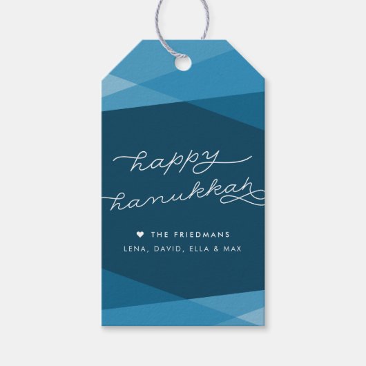 Marine Blue Geo Script Hanukkah Cadeaulabel (Voorkant)