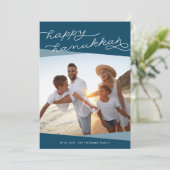 Marine Blue Geo Script | Hanukkah-foto Feestdagenkaart (Staand voorkant)