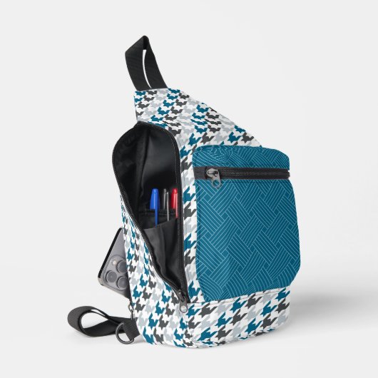 MARINE BLUE LIGHT & DARK GREY HERRINGBONE & WEAVE SLING BAG (Open)