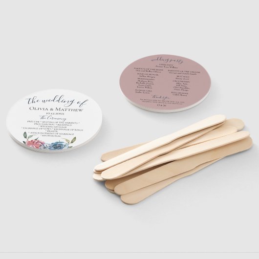 Marine Blue Mauve Botanical Wedding Program Handwaaier (Niet-gemonteerd)