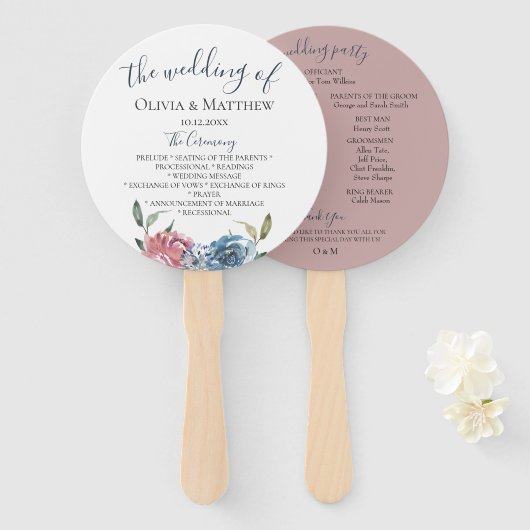 Marine Blue Mauve Botanical Wedding Program Handwaaier (Voorkant en achterkant)