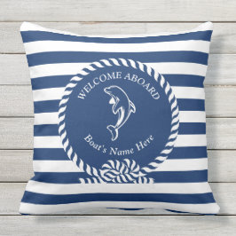 Marine Blue Nautical Stripes Dolfijn Boot Naam Buitenkussen