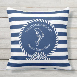 Marine Blue Nautical Stripes Dolfijn Boot Naam Buitenkussen