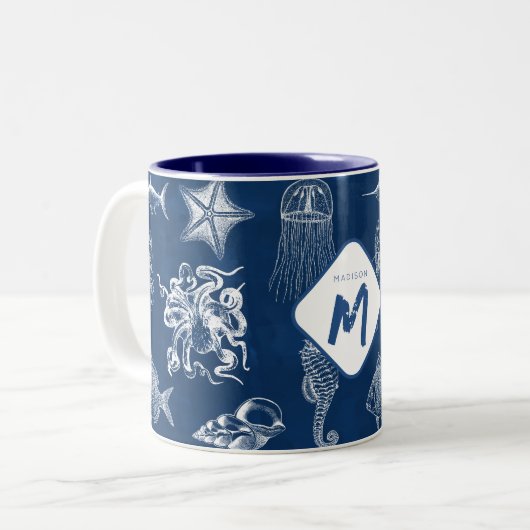 Marine Blue Ocean Marine Dieren Monogram Tweekleurige Koffiemok (Voorkant links)