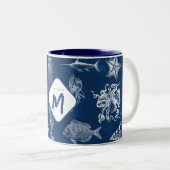 Marine Blue Ocean Marine Dieren Monogram Tweekleurige Koffiemok (Voorkant rechts)