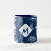 Marine Blue Ocean Marine Dieren Monogram Tweekleurige Koffiemok (Center)