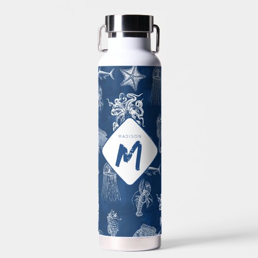 Marine Blue Ocean Marine Dieren Monogram Waterfles (Voorkant)