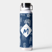 Marine Blue Ocean Marine Dieren Monogram Waterfles (Achterkant)