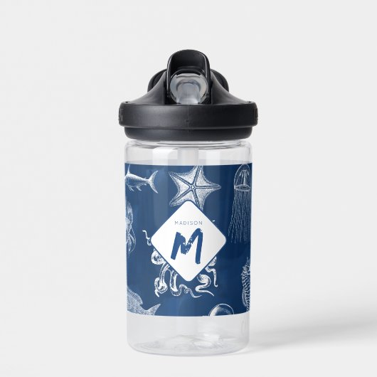 Marine Blue Ocean Marine Dieren Monogram Waterfles (Voorkant)