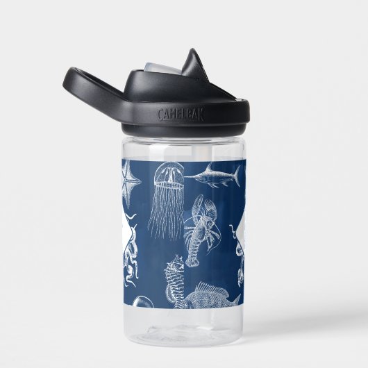 Marine Blue Ocean Marine Dieren Monogram Waterfles (Rechts)