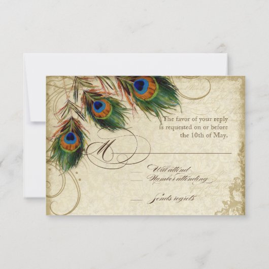 marine Blue Peacock Feathers Elegant RSVP (Achterkant)