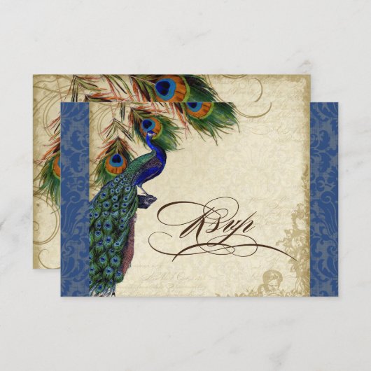 marine Blue Peacock Feathers Elegant RSVP (Voorkant / Achterkant)